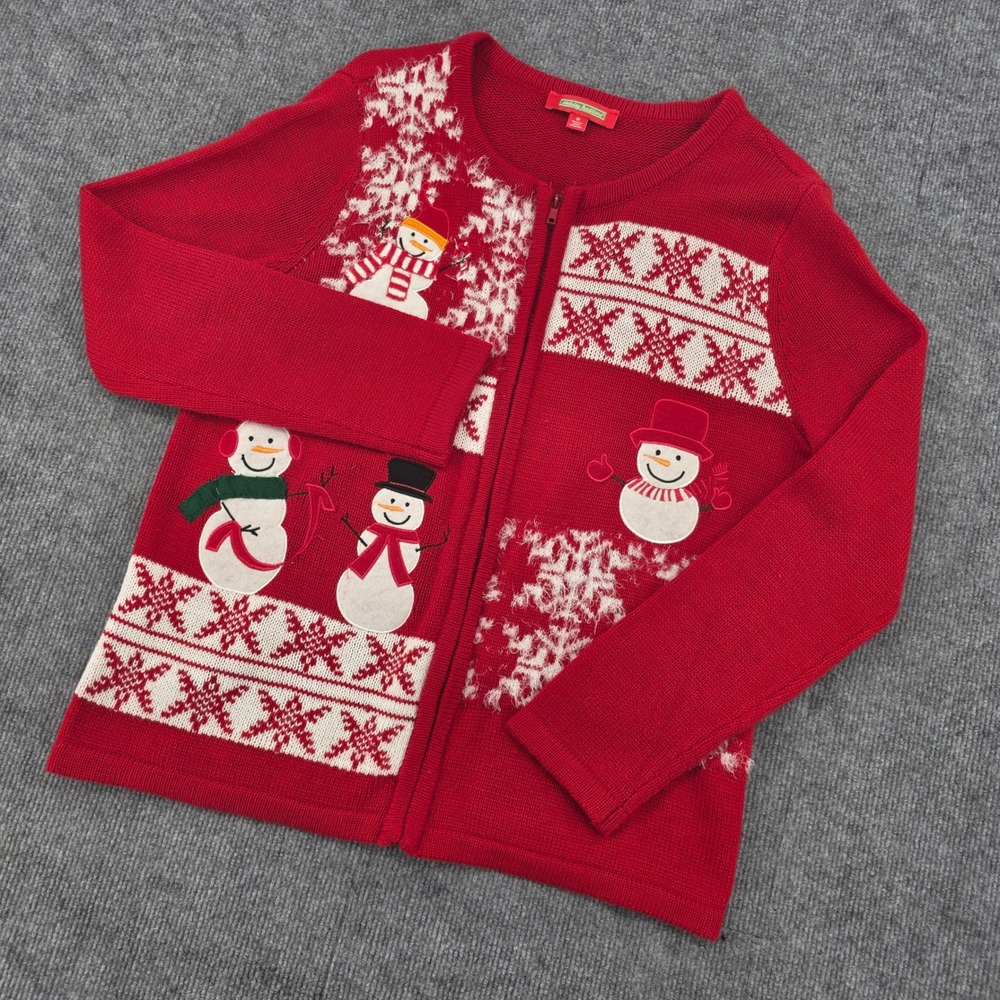 Holiday Traditions Red Snowman Zip Up Cardigan Sweater Womens Medium Christmas
